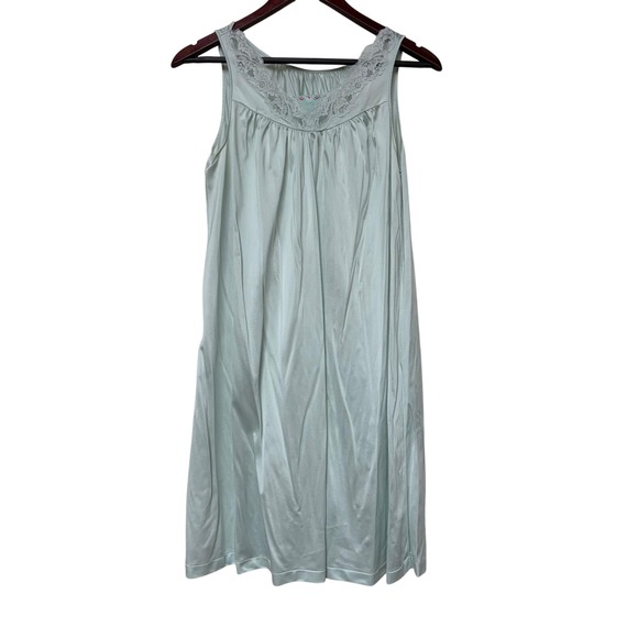Shadowline Other - Shadowline Vintage Mint Green Lace Trim Floral Embroidered Nylon Nightgown Small